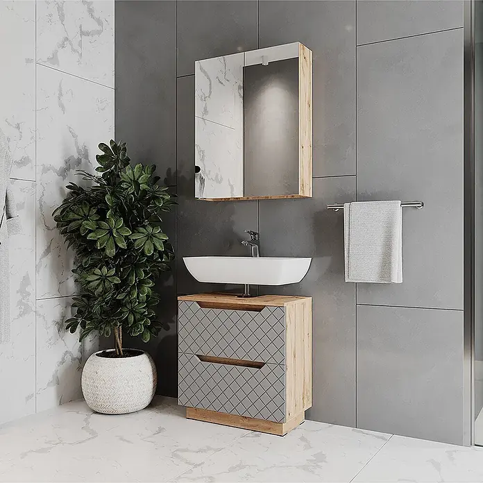 Vicco Badmöbel-Set Lotta Grau 2 Teile - Grau, Matt - Badezimmermöbel aus hellem Holz mit grau gemusterten Schubladen, weißem Waschbecken und passendem Spiegelschrank.