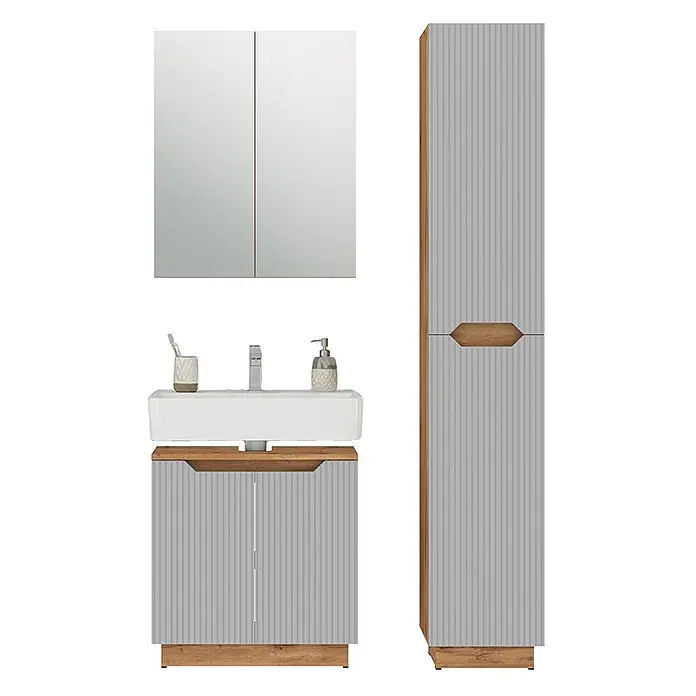 Vicco Badmöbel-Set Lotta Grau 3 Teile - Grau, Matt - Modernes Badmöbel-Set mit hellgrauen geriffelten Fronten und hellem Holzdekor: Spiegelschrank, Waschtisch mit Waschbecken und Hochschrank.