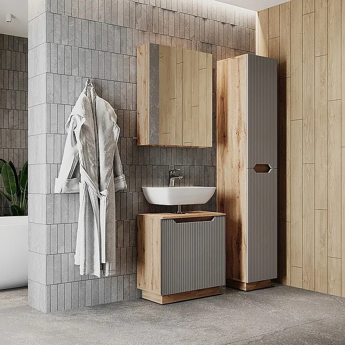 Vicco Badmöbel-Set Lotta Grau 3 Teile - Grau, Matt - Modernes Badmöbel-Set mit Holzoptikschränken, grauen geriffelten Akzenten und weißem Waschbecken.