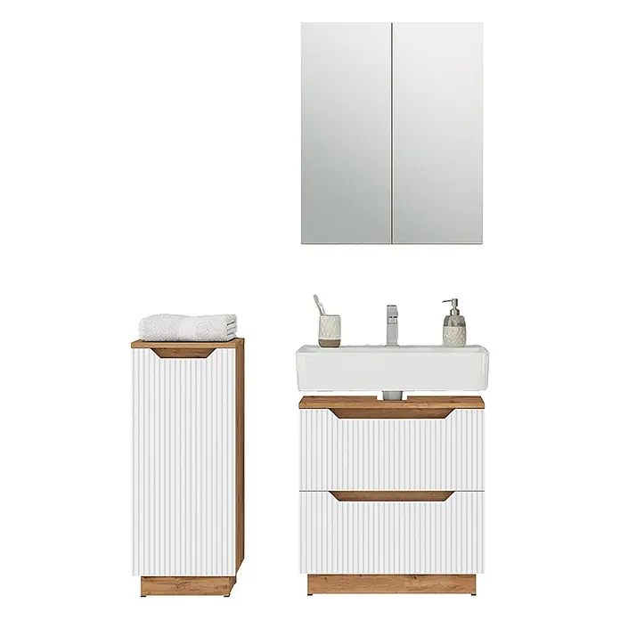 Vicco Badmöbel-Set Lotta Weiß 3 Teile - Weiß, Matt - Modernes Badmöbel-Set: weiß gerippter Waschtisch mit Waschbecken, Hochschrank und Spiegelschrank mit Holzakzenten.