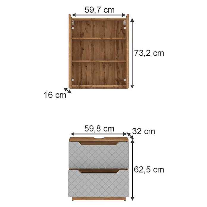 Vicco Badmöbel-Set Lotta Grau 2 Teile - Grau, Matt - Holzoptik Wandregal mit drei Böden und passende Kommode mit zwei Schubladen, weiß gemustert.