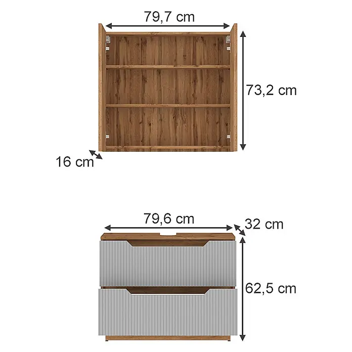 Vicco Badmöbel-Set Lotta Grau 2 Teile - Grau, Matt - Hölzernes Wandregal mit 3 Fächern und passender Kommode mit 2 weißen geriffelten Schubladen.