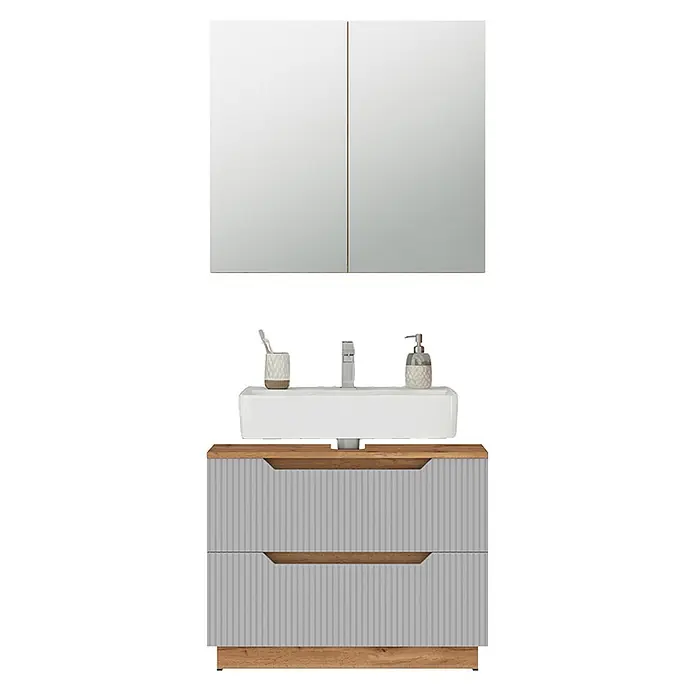 Vicco Badmöbel-Set Lotta Grau 2 Teile - Grau, Matt - Badezimmermöbelset mit weißem Waschbecken, Holzplatte, grauen gerillten Schubladen mit Holzgriffen und einem Spiegelschrank.
