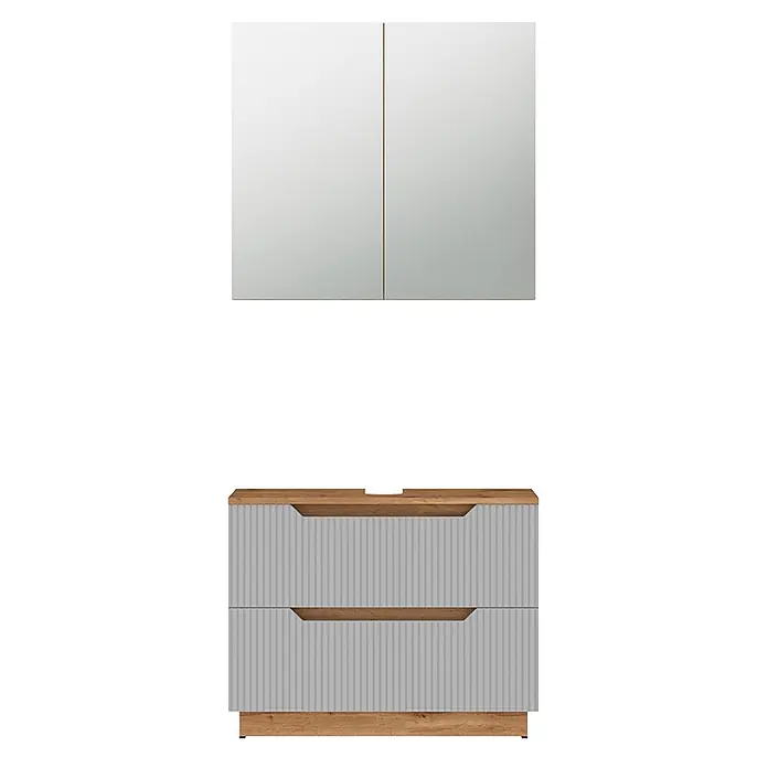 Vicco Badmöbel-Set Lotta Grau 2 Teile - Grau, Matt - Geriffelter grauer Badschrank mit Holzoptik-Oberteil, -Sockel und -Griffen, plus passendem zweitürigem Spiegelschrank.