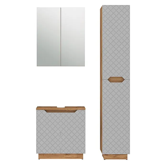 Vicco Badmöbel-Set Lotta Grau 3 Teile - Grau, Matt - Badmöbelset: Spiegelschrank, grauer Waschtischunterschrank und hoher Schrank mit Holzdekor.
