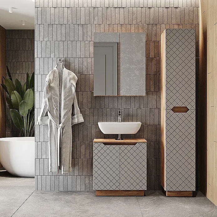 Vicco Badmöbel-Set Lotta Grau 3 Teile - Grau, Matt - Moderne graue Badmöbel: Waschtisch mit Aufsatzwaschbecken und hoher Schrank mit Diagonalmuster und Holzdetails.
