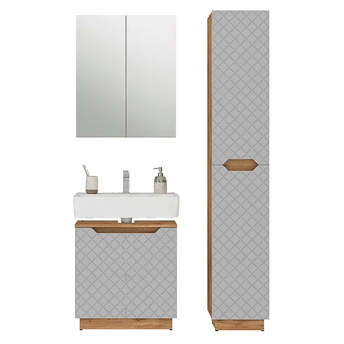 Vicco Badmöbel-Set Lotta Grau 3 Teile - Grau, Matt - Modernes Badmöbelset: hellgraue Schränke mit Rautenmuster, Holzapplikationen, weißem Waschbecken und Spiegelschrank.