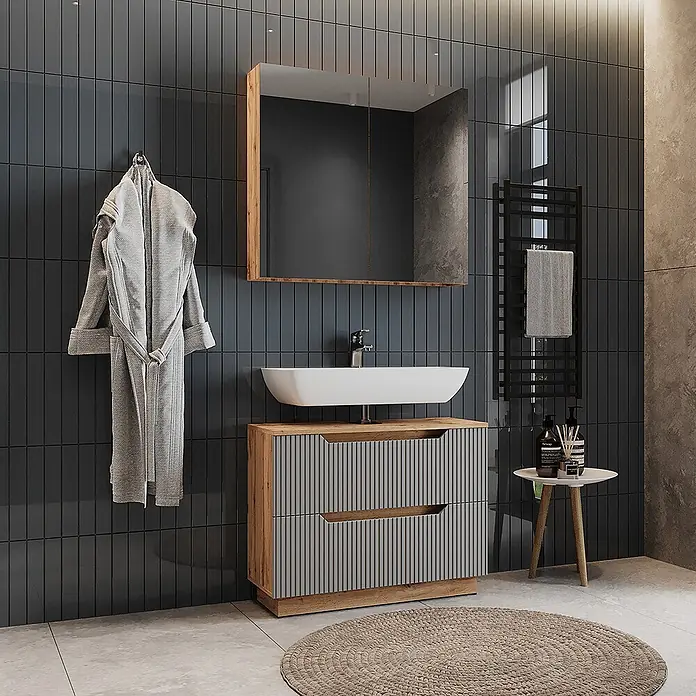 Vicco Badmöbel-Set Lotta Grau 2 Teile - Grau, Matt - Moderner Badschrank mit Holzrahmen, grauen Lamellenschubladen, weißem Waschbecken und passendem Spiegelschrank.