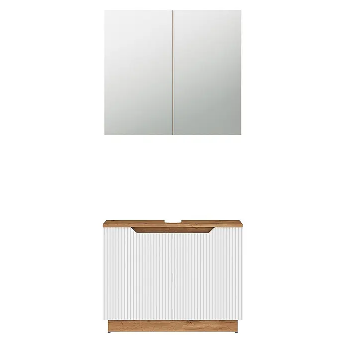 Vicco Badmöbel-Set Lotta Weiß 2 Teile - Weiß, Matt - Zweiteiliges Badmöbelset: Oberschrank mit Spiegel, Unterschrank mit Holzplatte, weiß geriffelten Türen und Holzsockel.