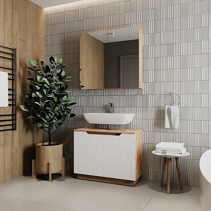 Vicco Badmöbel-Set Lotta Weiß 2 Teile - Weiß, Matt - Moderner Badunterschrank mit weißer geriffelter Front und Holzrahmen, mit Waschbecken und passendem Spiegelschrank.
