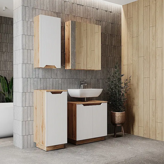 Vicco Badmöbel-Set Lotta Weiß 4 Teile - Weiß, Matt - Modernes Badmöbel-Set mit weißen Lamellenfronten und hellen Holzdetails, inklusive Waschtisch mit Waschbecken, Wand- und Hochschrank.