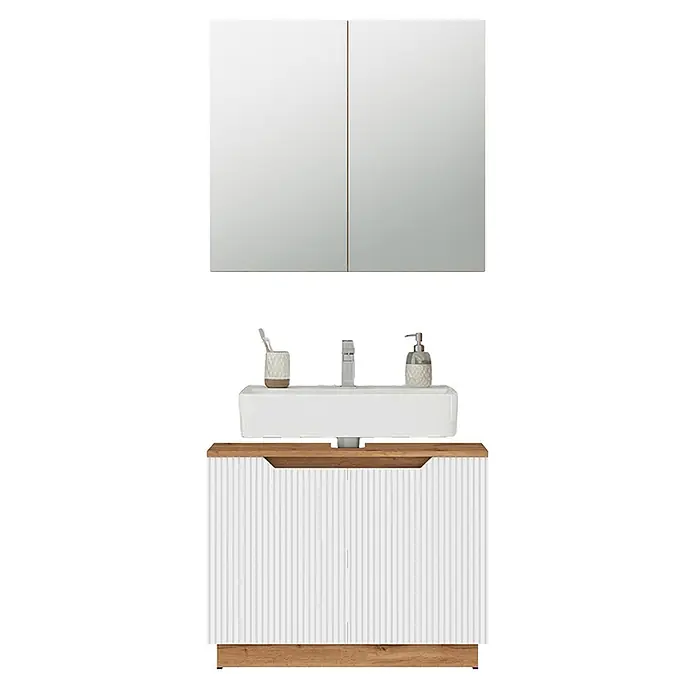 Vicco Badmöbel-Set Lotta Weiß 2 Teile - Weiß, Matt - Badezimmer-Waschtischset mit zweitürigem Spiegelschrank, weißem Waschbecken und geriffeltem weißem Unterschrank mit Holzplatte und -sockel.