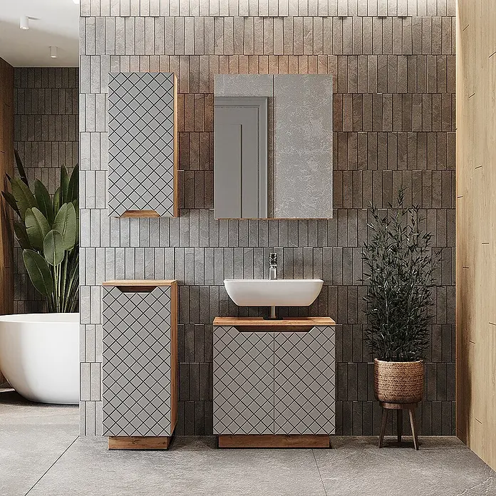 Vicco Badmöbel-Set Lotta Grau 4 Teile - Grau, Matt - Moderne Badschränke mit grauen Mustertüren und Holzdetails, inklusive Waschtisch mit weißem Waschbecken und Hochschrank.