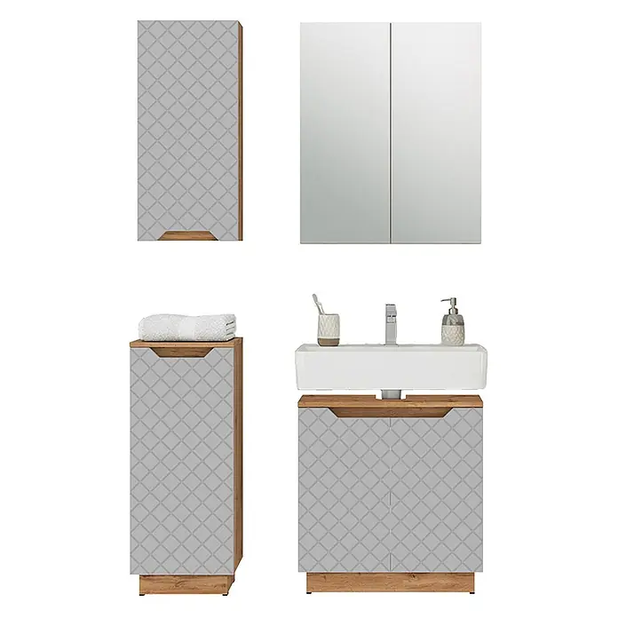 Vicco Badmöbel-Set Lotta Grau 4 Teile - Grau, Matt - Badezimmermöbel-Set mit hellgrau gemusterten Fronten, hellbraunen Holzoptik-Elementen und einem weißen Keramikwaschbecken.