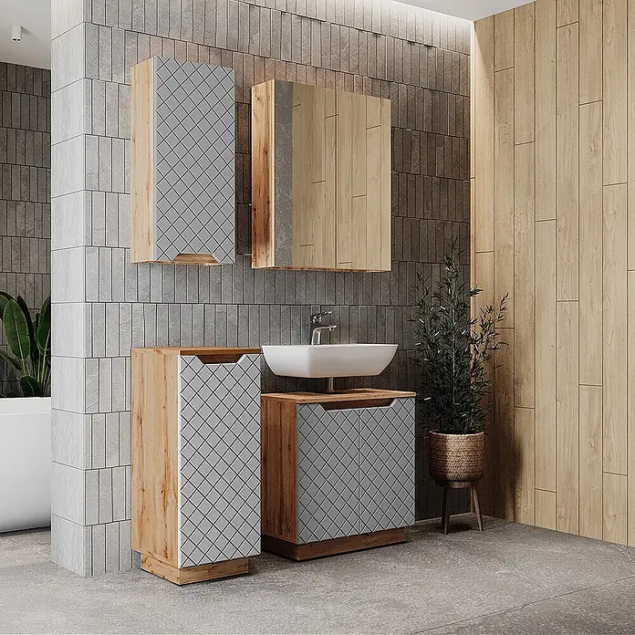 Vicco Badmöbel-Set Lotta Grau 4 Teile - Grau, Matt - Modernes Badezimmermöbel-Set: Holzschränke mit grauen Rautenfronten und weißem Aufsatzwaschbecken.