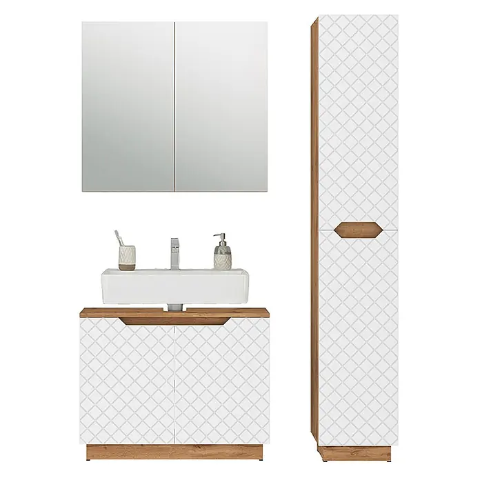 Vicco Badmöbel-Set Lotta Weiß 3 Teile - Weiß, Matt - Weißes Badmöbel-Set mit geometrischem Muster und Holzdetails, bestehend aus Spiegelschrank, Waschbeckenunterschrank und Hochschrank.