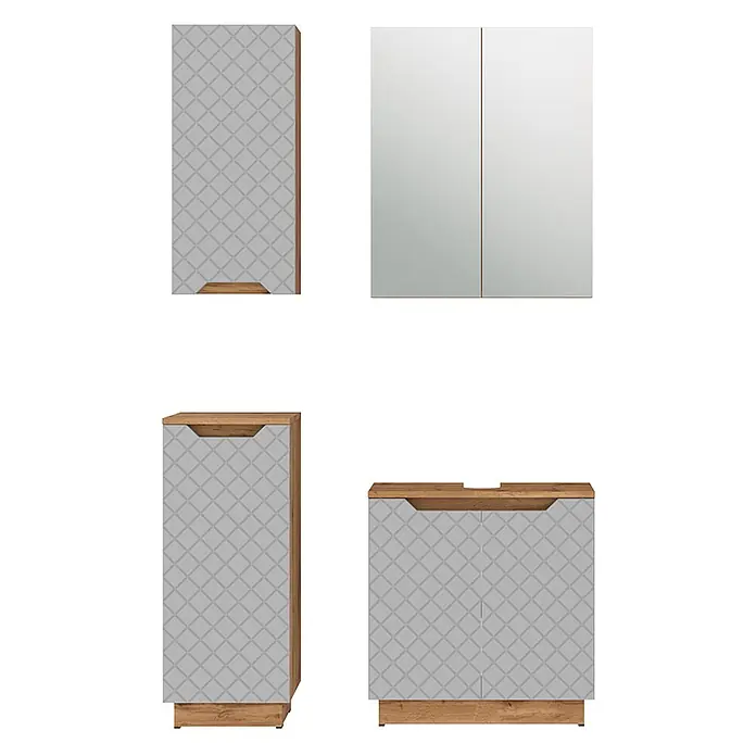 Vicco Badmöbel-Set Lotta Grau 4 Teile - Grau, Matt - Modulare hellgraue Schränke mit geometrischem Rautenmuster und Holzoptikrahmen. Set mit Hoch-, Unter- und Spiegelschränken.