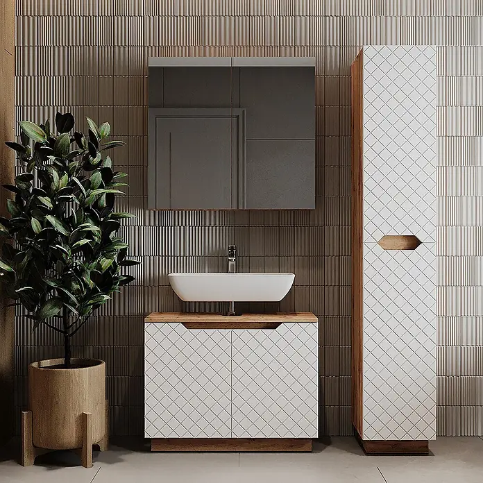Vicco Badmöbel-Set Lotta Weiß 3 Teile - Weiß, Matt - Modernes Badmöbel-Set mit weißen Rautenfronten und Holzdetails, bestehend aus Waschtischunterschrank mit Aufsatzwaschbecken und Hochschrank.