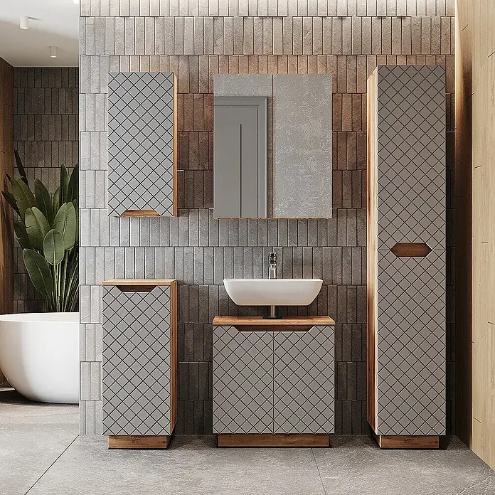 Vicco Badmöbel-Set Lotta Grau 4 Teile - Grau, Matt - Modernes Badmöbelset mit grauen Rautenmustertüren und Holzdetails. Umfasst Waschtisch, Hochschrank und Hängeschränke.