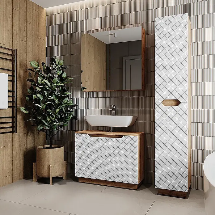 Vicco Badmöbel-Set Lotta Weiß 3 Teile - Weiß, Matt - Moderner Badschrank und Hochschrank mit weißen, diagonal gekachelten Fronten und Holzdetails, in einem zeitgenössischen Badezimmer.