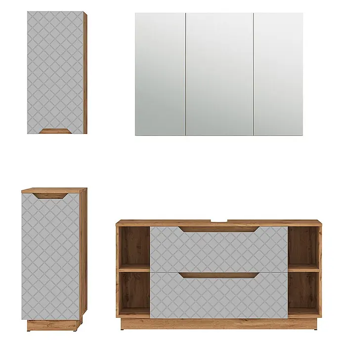 Vicco Badmöbel-Set Lotta Grau 4 Teile - Grau, Matt - Badmöbelset mit hellen Holzschränken, gemusterten grauen Fronten und Spiegelschrank.