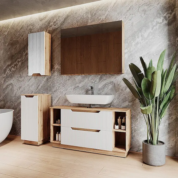Vicco Badmöbel-Set Lotta Weiß 4 Teile - Weiß, Matt - Modernes Badezimmermöbel-Set mit weißem Waschbecken, hellen Holzschränken und weißen Lamellenfronten in einem stilvollen Bad.