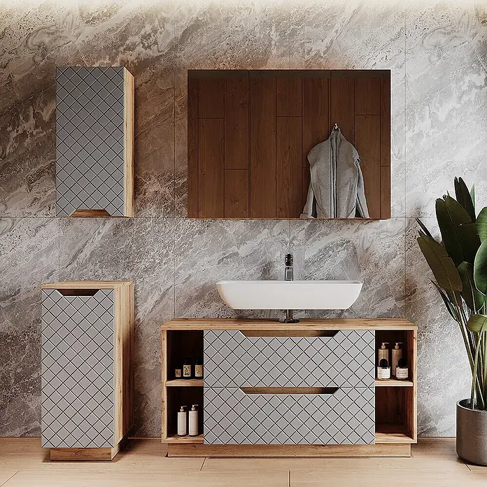 Vicco Badmöbel-Set Lotta Grau 4 Teile - Grau, Matt - Modernes Badezimmer-Set aus hellem Holz mit grauen, rautenförmigen Fronten, inklusive Waschbecken, Spiegelschrank und Seitenstauraum.