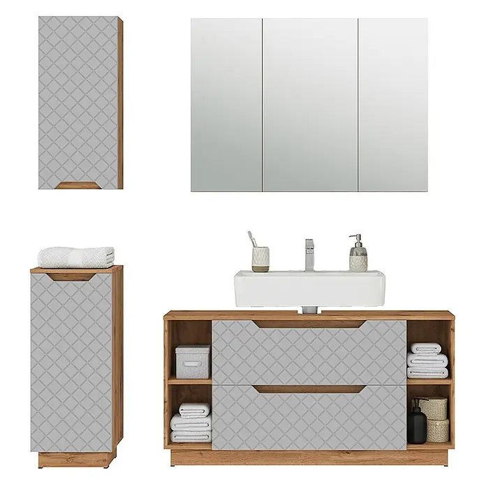 Vicco Badmöbel-Set Lotta Grau 4 Teile - Grau, Matt - Badezimmermöbel-Set in hellem Holzdekor mit hellgrauen, gemusterten Fronten, bestehend aus Waschtisch, Spiegel- und Hochschränken.