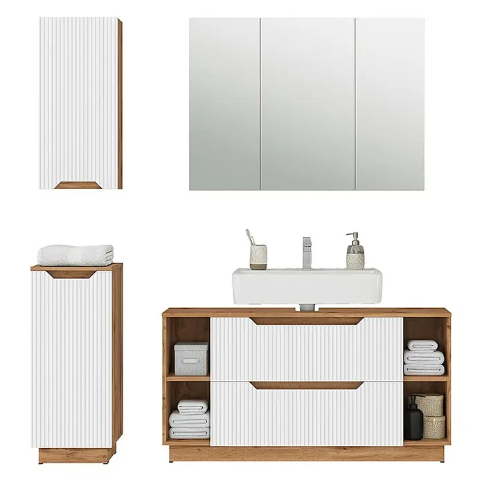 Vicco Badmöbel-Set Lotta Weiß 4 Teile - Weiß, Matt - Badezimmermöbel-Set mit Waschbecken, Spiegelschrank und passenden Schränken in Holzoptik und weißem Rillen-Design.