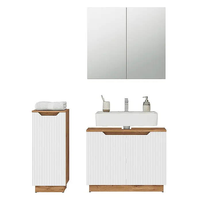 Vicco Badmöbel-Set Lotta Weiß 3 Teile - Weiß, Matt - Weiß geriffelter Badschrank mit Holzplatte, Waschbecken, Spiegelschrank und passendem Hochschrank.
