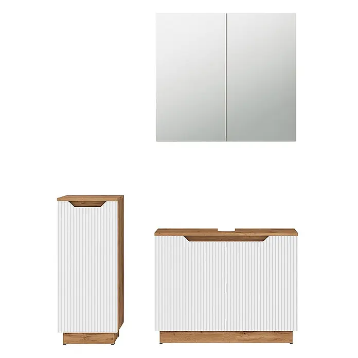 Vicco Badmöbel-Set Lotta Weiß 3 Teile - Weiß, Matt - Weißes Badmöbelset mit gerillten Türen, Holzplatten und -sockeln. Beinhaltet Spiegelschrank, Hochschrank und Doppelwaschtischunterschrank.