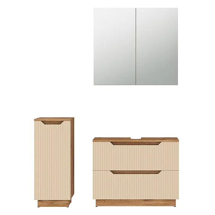 Vicco Badmöbel-Set Lotta Cashmere 3 Teile - Cashmere, Matt - Ein Badmöbel-Set mit Spiegelschrank, Hochschrank und Waschtischunterschrank, alle in hellbeigem Rippen-Design mit Holzoptik-Akzenten.