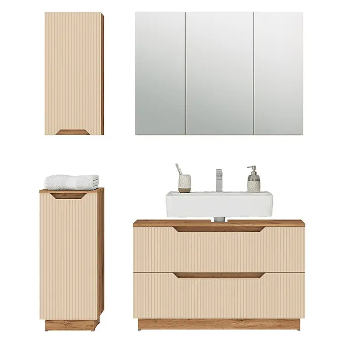 Vicco Badmöbel-Set Lotta Cashmere 4 Teile - Cashmere, Matt - Badmöbel-Set: hellbeige gerippter Waschtisch mit Waschbecken, Hochschrank, Spiegelschrank und Unterschrank mit Holzdetails.