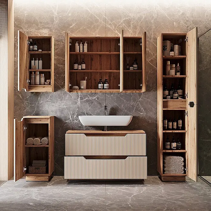 Vicco Badmöbel-Set Lotta Cashmere 4 Teile - Cashmere, Matt - Badezimmermöbel-Set aus Holz mit verschiedenen Schränken, einem Waschtisch mit weißem Waschbecken und hellen Lamellenschubladen.