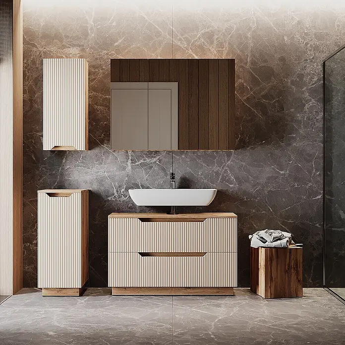 Vicco Badmöbel-Set Lotta Cashmere 4 Teile - Cashmere, Matt - Modernes Badezimmer-Set mit geriffelten Schränken aus hellem Holz, weißem Waschbecken und passenden Stauraummöbeln.