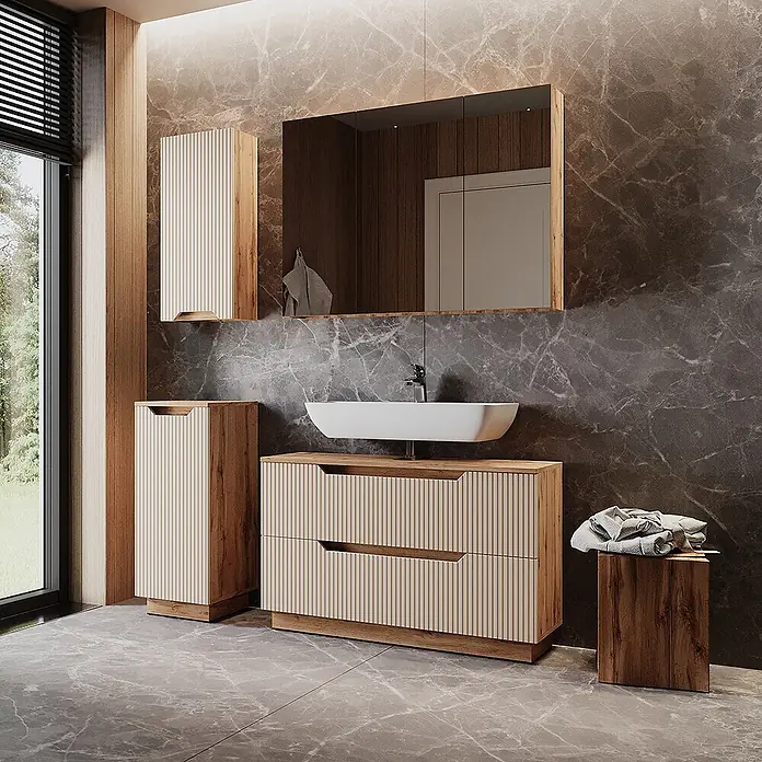 Vicco Badmöbel-Set Lotta Cashmere 4 Teile - Cashmere, Matt - Moderne Badmöbelserie mit hellem Holzrahmen und gerippten beigefarbenen Fronten, bestehend aus Waschtischunterschrank, Hängeschrank und Hochschrank.