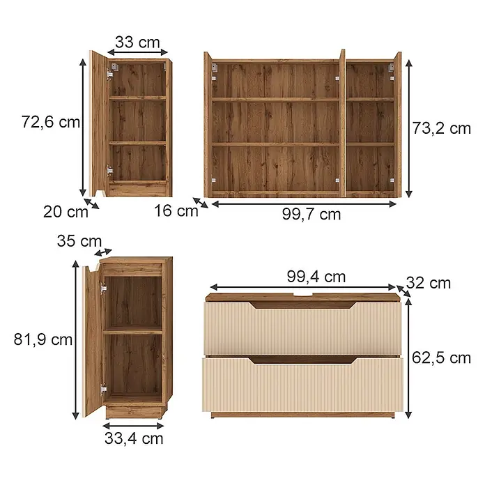 Vicco Badmöbel-Set Lotta Cashmere 4 Teile - Cashmere, Matt - Maßdiagramm von vier Möbelstücken aus Holz und Beige: zwei Schränke, ein Regal und eine Kommode.