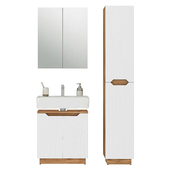 Vicco Badmöbel-Set Lotta Weiß 3 Teile - Weiß, Matt - Weißer Badschrank und Hochschrank mit vertikalen Streifen und Holzoptik-Akzenten, plus Spiegelschrank und Waschbecken.