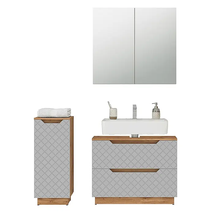 Vicco Badmöbel-Set Lotta Grau 3 Teile - Grau, Matt - Modernes Badmöbel-Set mit Holzoptik-Rahmen, grauen Fronten mit Geometrie-Muster, weißem Keramikwaschbecken und Spiegelschrank.