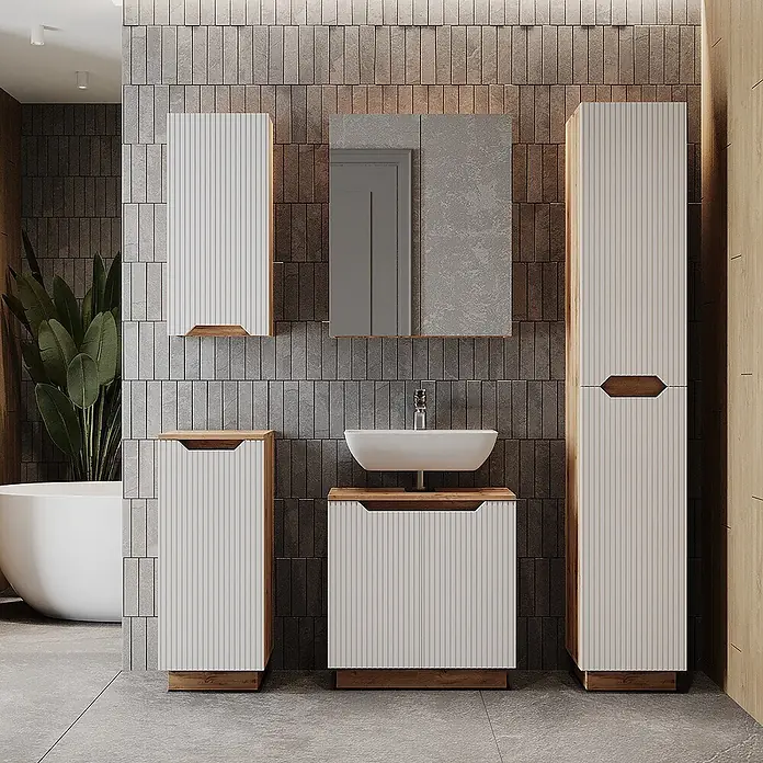 Vicco Badmöbel-Set Lotta Weiß 3 Teile - Weiß, Matt - Modernes Badezimmermöbelset mit weißen geriffelten Fronten und warmen Holzdetails, bestehend aus Waschtisch, Hochschrank und Beistellschränken.