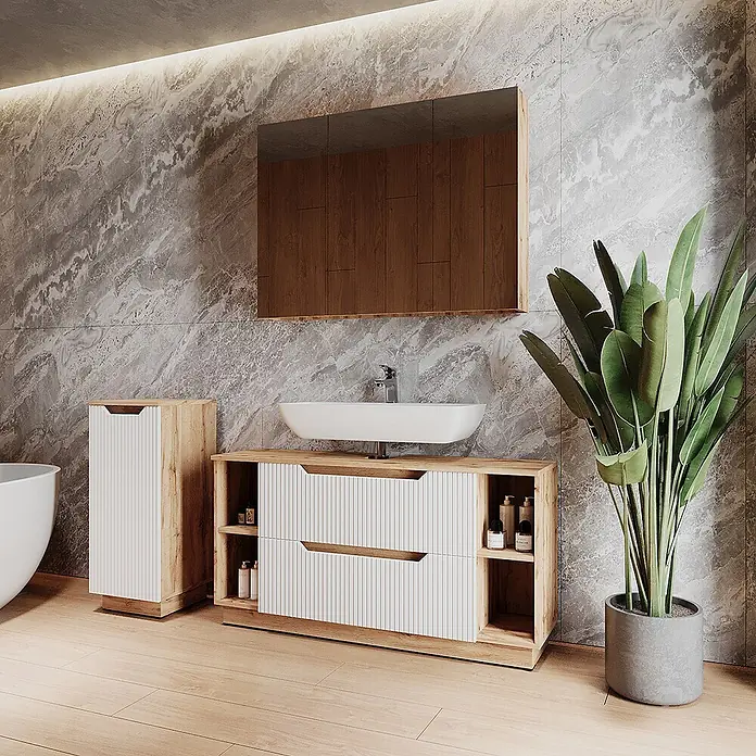 Vicco Badmöbel-Set Lotta Weiß 3 Teile - Weiß, Matt - Badezimmermöbel-Set mit Waschtischunterschrank und hohem Schrank in hellem Holz und weißen Lamellenfronten, dazu ein Spiegelschrank.