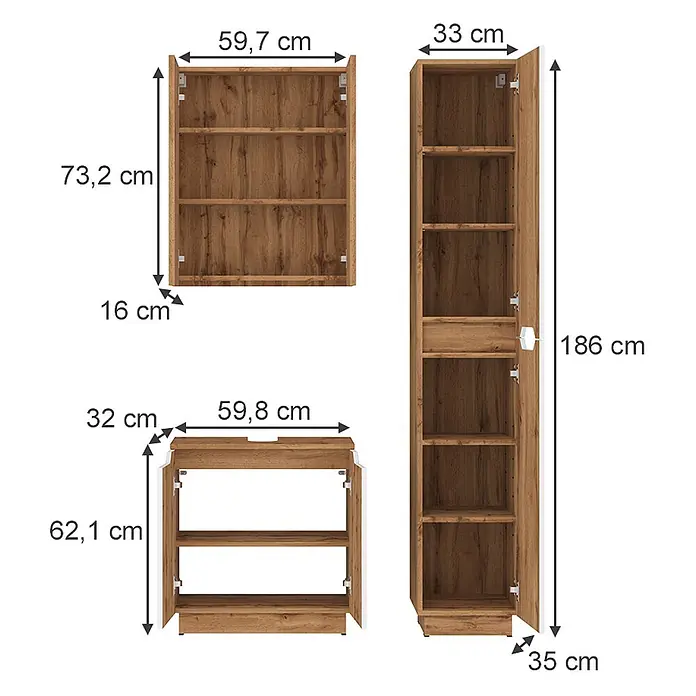 Vicco Badmöbel-Set Lotta Weiß 3 Teile - Weiß, Matt - Drei holzfarbene Möbelstücke (Wandregal, Hochschrank, Unterschrank) mit Maßangaben.