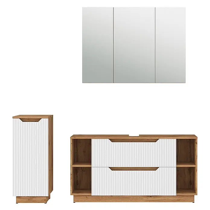 Vicco Badmöbel-Set Lotta Weiß 3 Teile - Weiß, Matt - Badmöbel-Set: Eicheneffekt-Waschtischunterschrank mit weißen Rillenfronten, passender Hochschrank, dreitüriger Spiegelschrank.