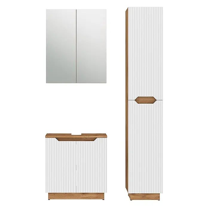 Vicco Badmöbel-Set Lotta Weiß 3 Teile - Weiß, Matt - Badezimmermöbel-Set mit weißen geriffelten Fronten und Holzoptik-Elementen: Spiegelschrank, Waschtischunterschrank und Hochschrank.
