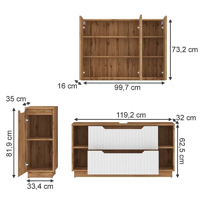 Vicco Badmöbel-Set Lotta Weiß 3 Teile - Weiß, Matt - Modernes Aufbewahrungsmöbel-Set in Holzoptik und Weiß, bestehend aus Schränken, Regalen und Schubladen.
