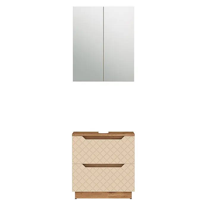 Vicco Badmöbel-Set Lotta Cashmere 2 Teile - Cashmere, Matt - Badezimmermöbel-Set mit zweitürigem Spiegelschrank und Zweischubladen-Unterschrank in Beige mit Rautenmuster und Holzdetails.