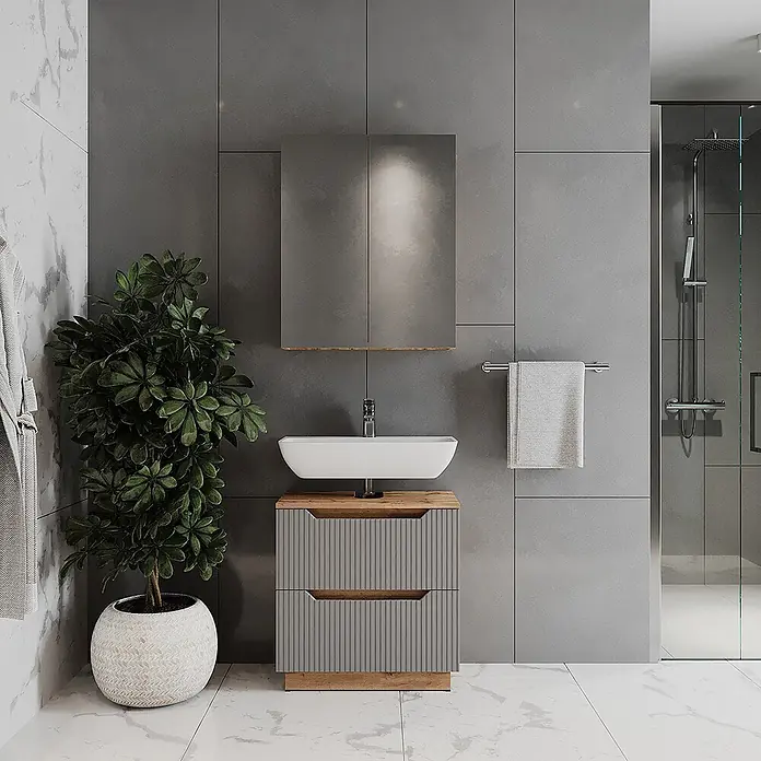 Vicco Badmöbel-Set Lotta Grau 2 Teile - Grau, Matt - Moderne graue Lamellen-Waschtischunterschrank mit Holzdetails, weißem Waschbecken und Spiegelschrank im Bad.