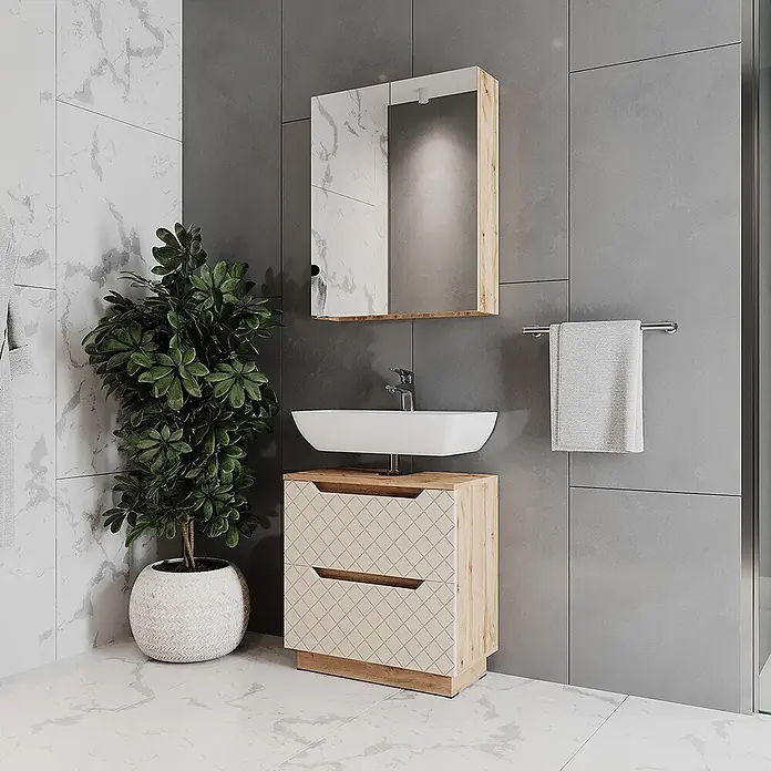 Vicco Badmöbel-Set Lotta Cashmere 2 Teile - Cashmere, Matt - Moderner Badwaschtisch mit weißem Aufsatzbecken und hellem Holzschrank mit gemusterten Schubladen.