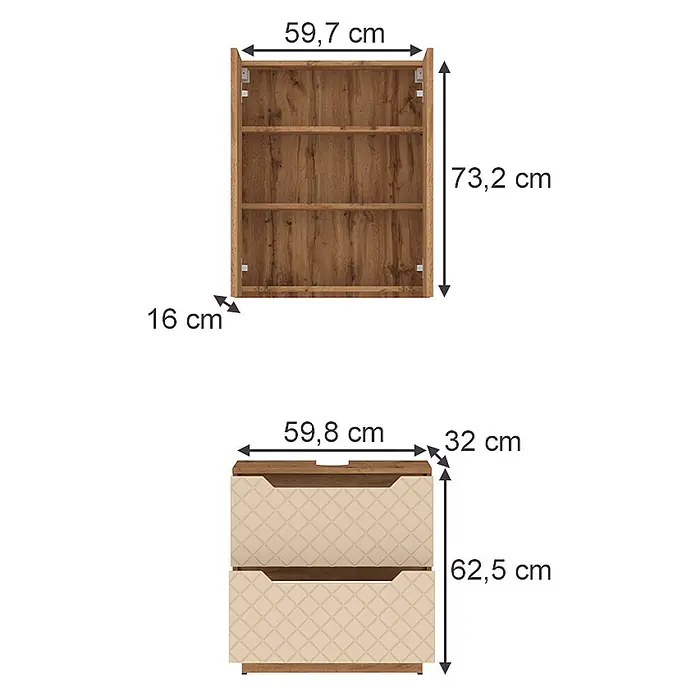 Vicco Badmöbel-Set Lotta Cashmere 2 Teile - Cashmere, Matt - Zwei Möbelstücke aus Holz: ein Wandregal und eine Kommode mit zwei beigen, gemusterten Schubladen.