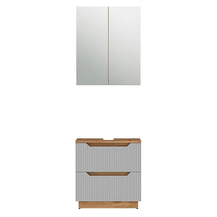 Vicco Badmöbel-Set Lotta Grau 2 Teile - Grau, Matt - Zweiteiliges Badmöbelset mit grau gerilltem Unterschrank und Holzdetails, darüber ein Spiegelschrank.